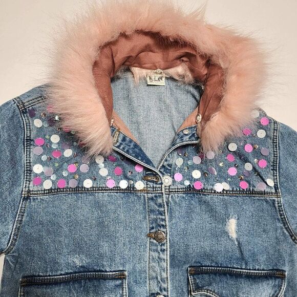 Zara Girls - Size 11/12 Sequin Fur Collar Distressed Jean Jacket - Picture 4 of 5